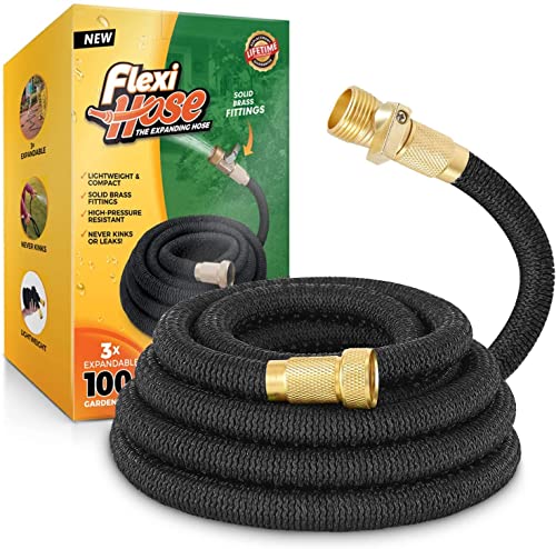 Flexi Hose Upgraded Expandable Garden Hose 50 ft Extra Strength 3/4 Solid Brass Fittings - The Ultimate No-Kink Flex 50 ft Water Hose (Black, 50FT)