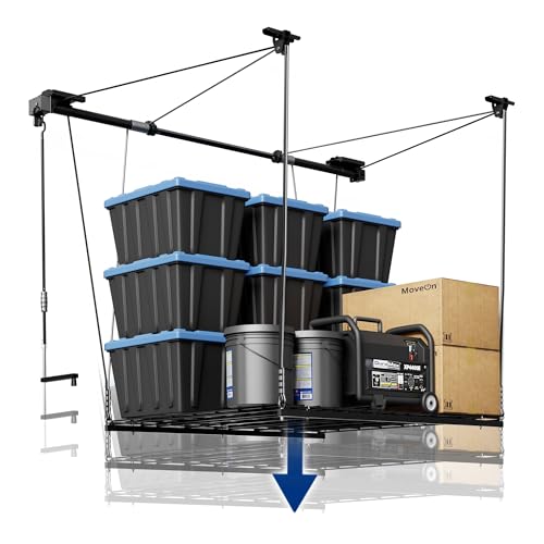 FLEXIMOUNTS Overhead Garage Storage Rack, 4x4 Ft Heavy-Duty Garage Ceiling Storage Racks, Adjustable Organization System with 71'' L Axle, 300lbs Weight Capacity, Carbon Black