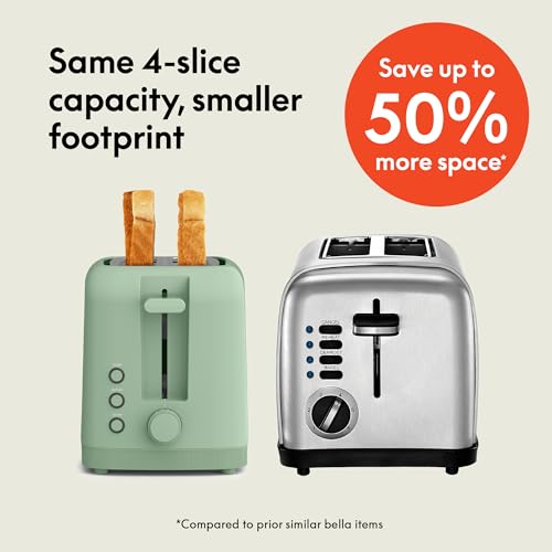 bella 2 Slice Slim Toaster, Fits-anywhere™ Kitchenware, 6 Setting Shade Control with Reheat & Cancel Buttons, Removable Crumb Tray, 10” Long Slot, Anti Jam & Auto Shutoff, 900 Watt, Oatmilk