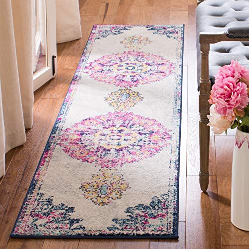 SAFAVIEH Madison Collection Runner Rug - 2' x 6', Ivory & Fuchsia, Medallion Distressed Design, Non-Shedding & Easy Care, Ideal for High Traffic Areas in Living Room, Bedroom (MAD913A)