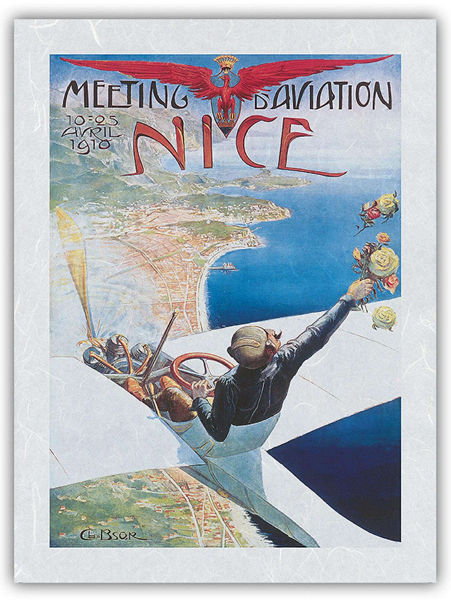 1910 Aviation Meeting (Meeting d’Aviation) - Nice France - Vintage Aviation Poster by Charles-Léonce Brossé - Japanese Unryu Rice Paper Art Print (Unframed) 12 x 16 in