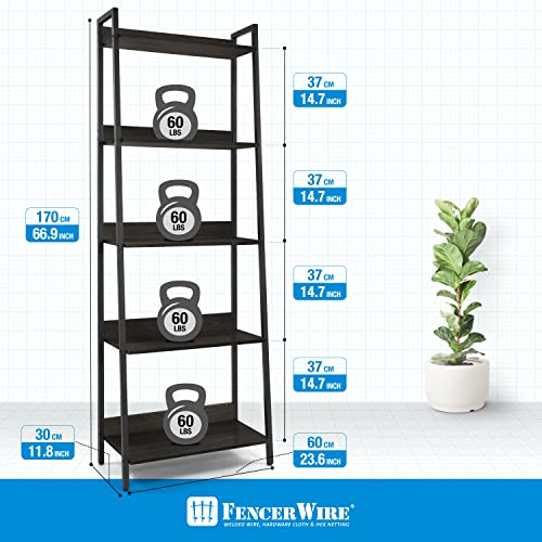 Fencer Wire 5 Tier Ladder Bookshelf, 24 Inch Width Free Standing Shelf, Bookcase Shelf Storage Rack Organizer, Industrial Book Shelves for Home Office, Living Room, Kitchen, Black Wooden Shelves