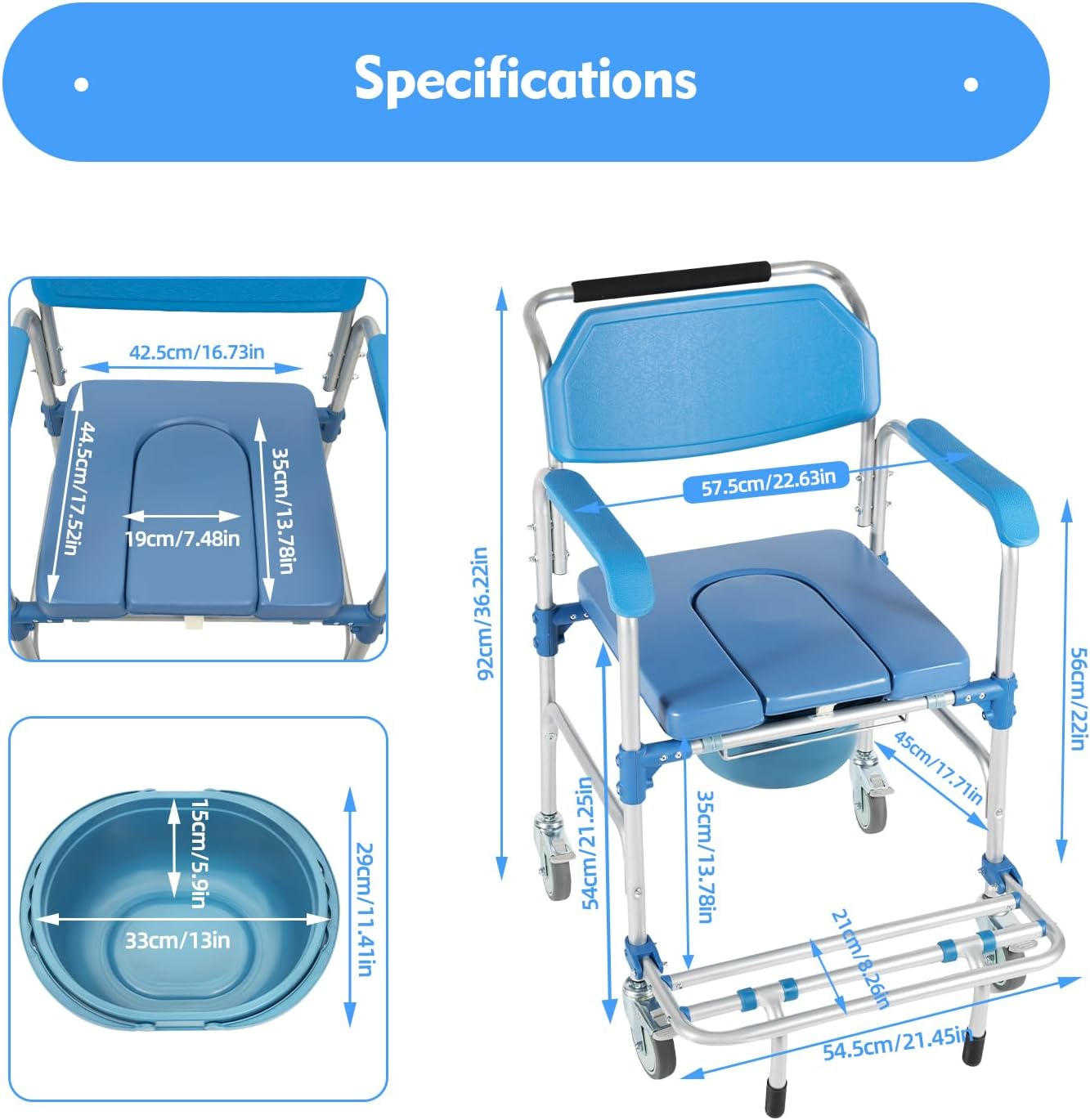 Shower Commode Wheelchair with 4 Universal Wheels, Foldable Pedal, Arms, Bucket, 330Lbs Capacity, 5.74FT Portable Commode Chair for Handicap, Elderly, Injured and Disabled