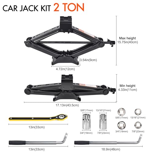 Car Jack Kit Scissor Jack for Car 2 Ton (4409 lbs) Tire Jack Tool Kit Universal Car Emergency Kit with Lug Wrench Tire Changing Kit for Car SUV (2T)