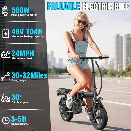 Folding Electric Bike for Adults and Teens, 560W Motor 24MPH Compact Commuter Ebike, 32 Miles Range, 48V 10Ah Battery, 3-Level Pedal Assist, 14