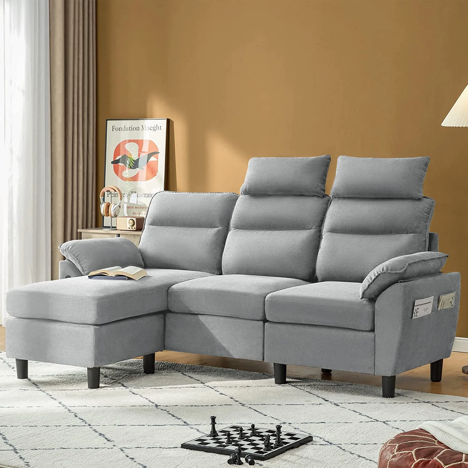 Reversible Sectional Couch  L Shaped Sofa with 2 USB Ports and Storage  3 Seat Small Sectional Sofa Set for Living Room  Apartment  Light Grey