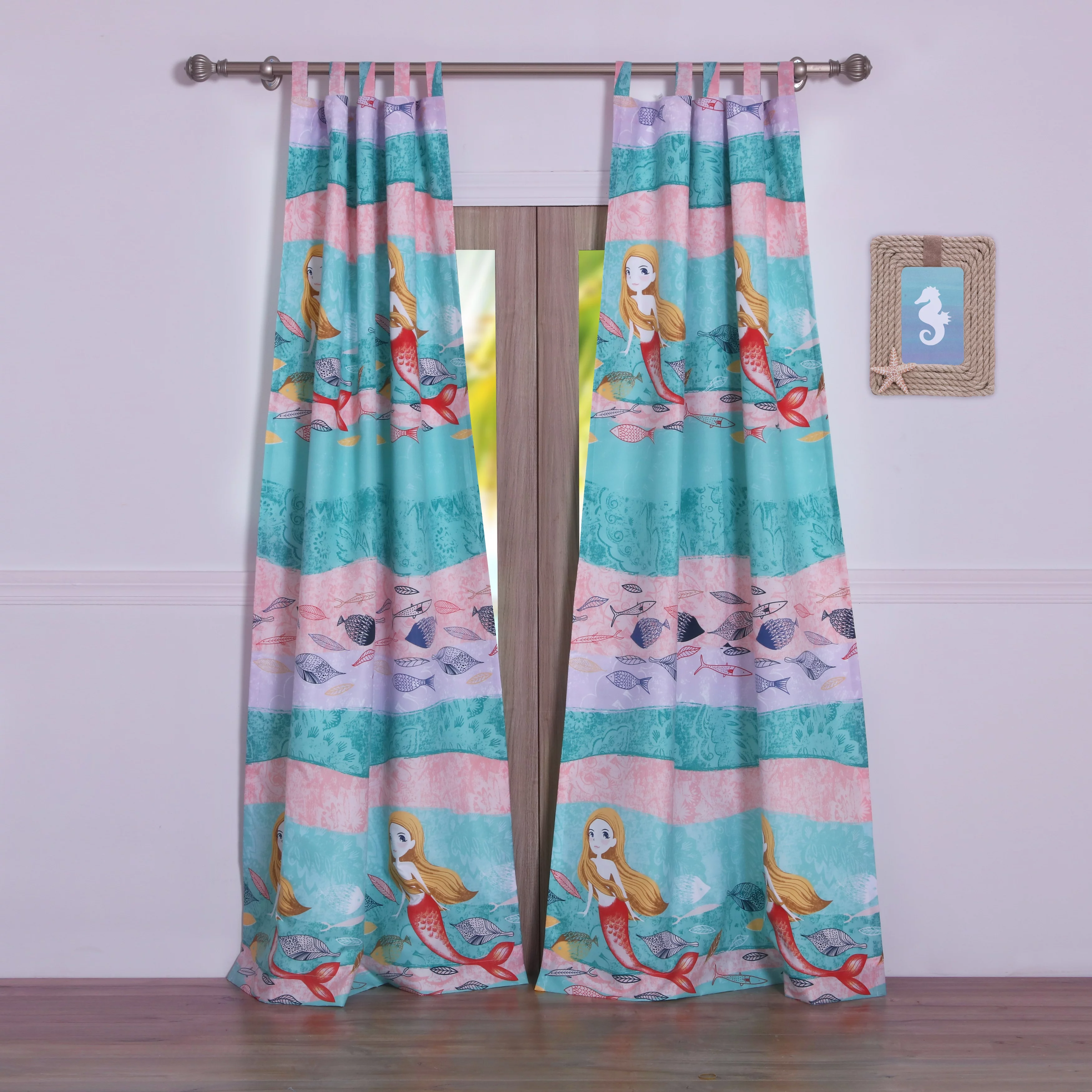 Global Trends Marina Light Filtering Tab Top Kids Mermaid Curtain Panels, Set of Two, 84