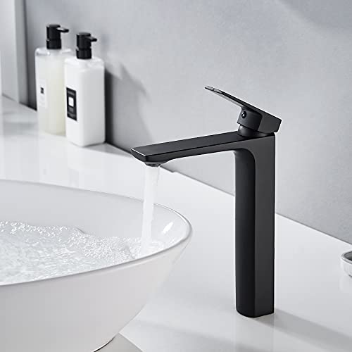 VOTON Vessel Sink Faucet Matte Black Tall Bathroom Faucet Single Handle Vanity Bathroom Sink Faucet 1 Hole Basin Mixer Tap with Water Supply Hose and Pop Up Sink Drain