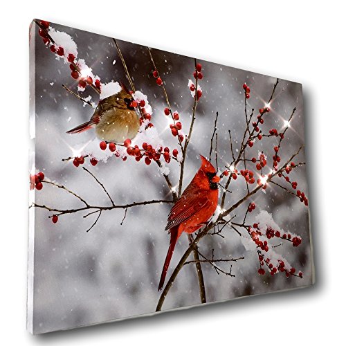 BANBERRY DESIGNS LED Cardinals Canvas Print Lighted Picture with Cardinal Couple and Holiday Berries