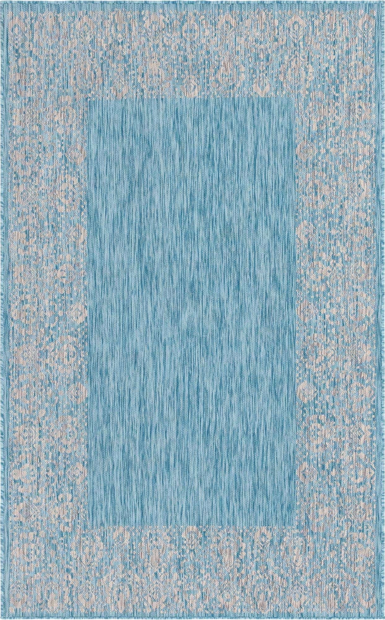 Unique Loom Floral Border Indoor/Outdoor Border Rug Aqua/Ivory 5' 1