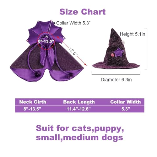 Halloween Pet Costume Vampire Cape with Witch Hat for Small Dogs and Cats Adjustable Purple Sparkling Party Outfit