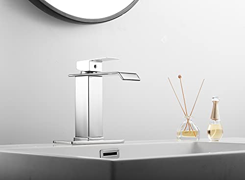 White Gold Faucet Bathroom Vessel Sink Golden Waterfall Spout Faucet Single Handle Bowl Sink Faucet Modern Single Hole Basin Vanity Tall Bathroom Sink Faucet with Pop Up Drain Stopper Supply Hose