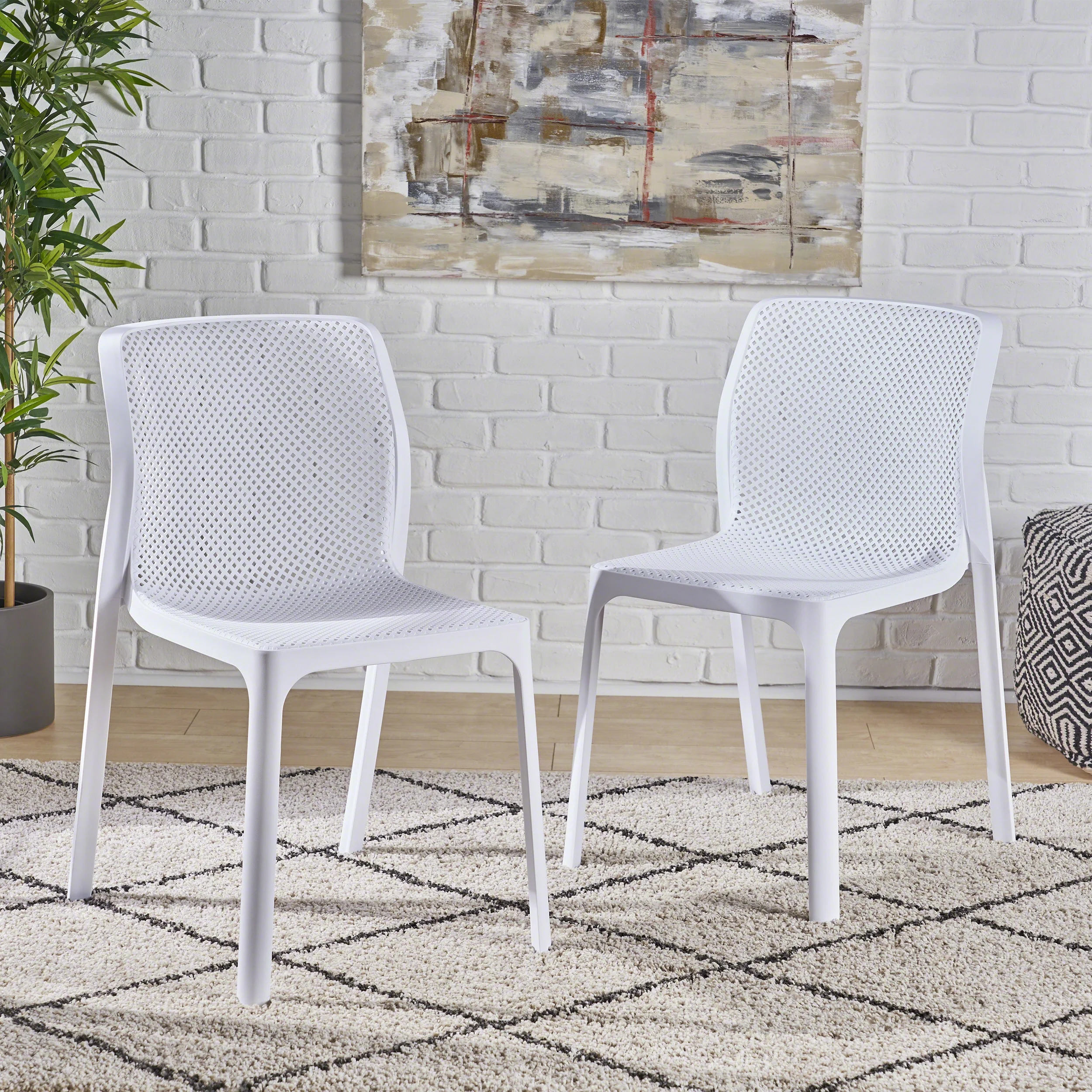 GDF Studio Chelsea Indoor/Outdoor Plastic Stacking Dining Chairs, Set of 2, White