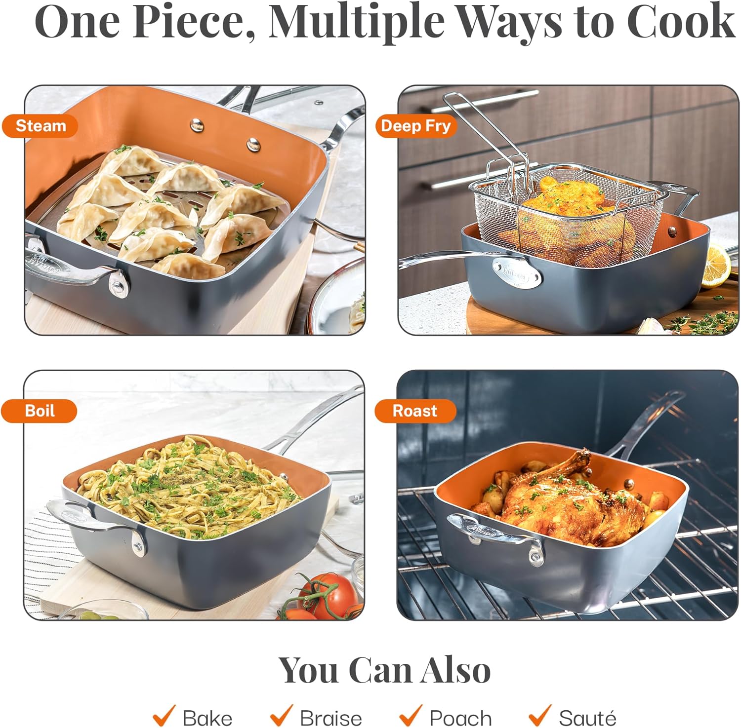 Gotham Steel Nonstick Square Deep Frying Pan, 9.5” Large Cooking Pan with Ceramic Nonstick Coating, 4 Pc Titanium Ceramic with Lid, Basket & Steamer Tray, Dishwasher Safe