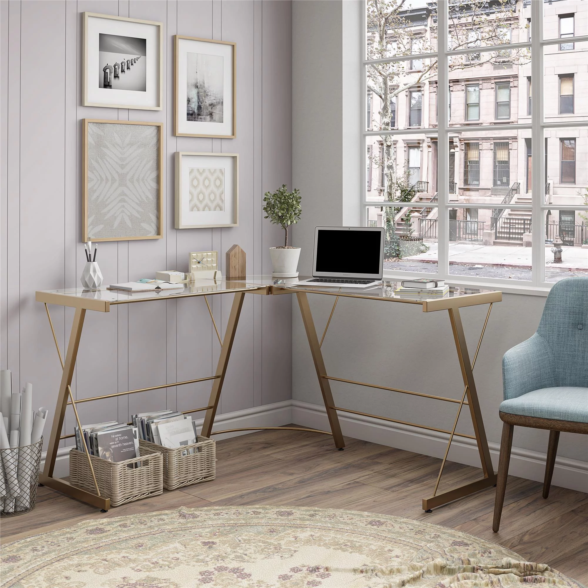 Ameriwood Home Odin Glass L-Shaped Computer Desk in Gold