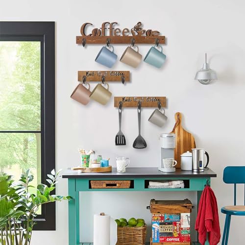 3 Pack Coffee Mug Shelf, Mug Rack Wall Mounted with 10 Sturdy Hooks, Coffee Cup Holder, Wooden Kitchen Wall Decor, Mug Organizer for Kitchen, Coffee Bar, Office