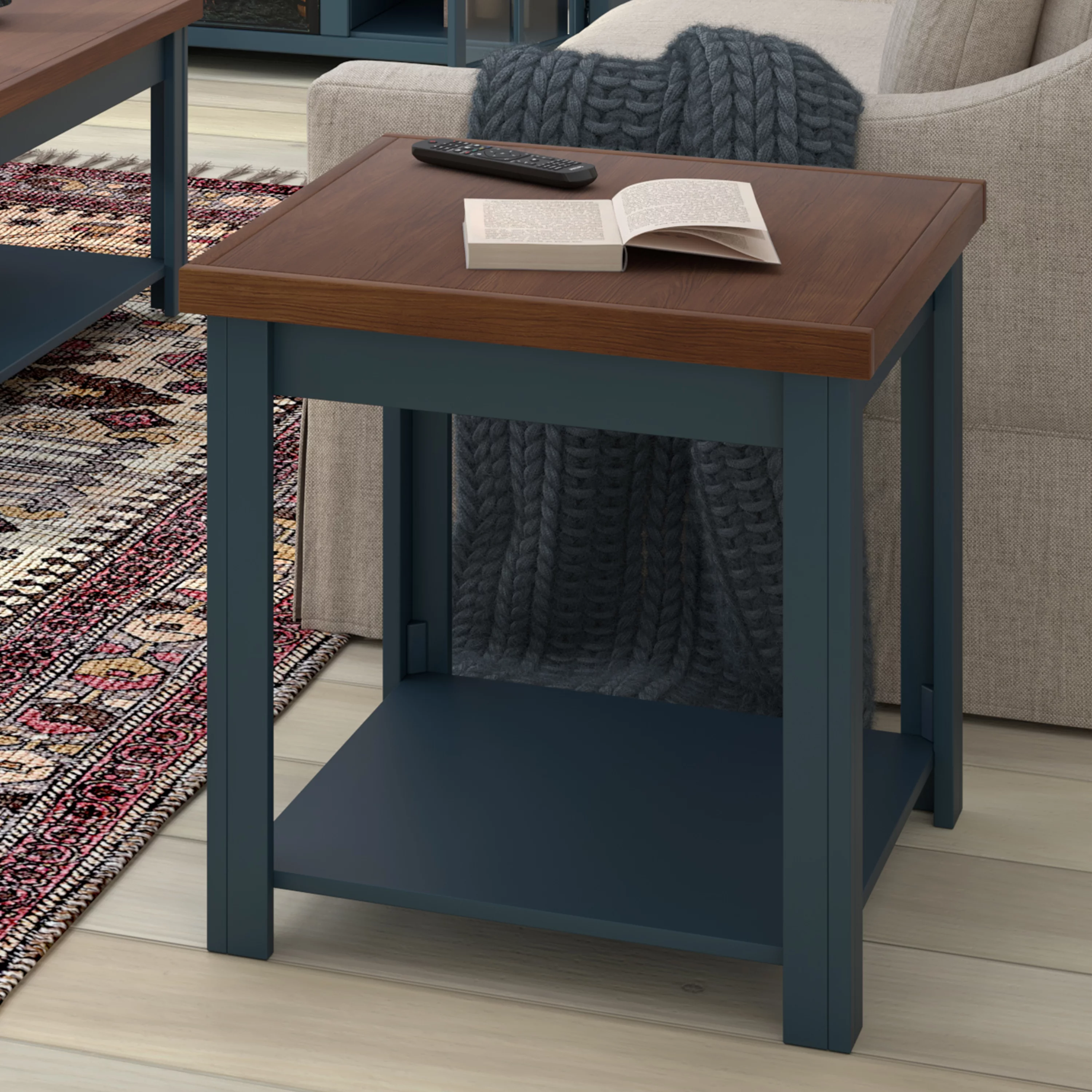 Bridgevine Home Nantucket 24 inch Side Table, No Assembly Required, Blue Denim and Whiskey Finish