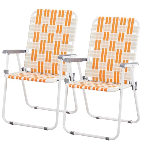 Set of 2 Patio Folding Lawn Chair, Outdoor Beach Camping Webbed Folding Chair for Yard, Garden (Yellow)
