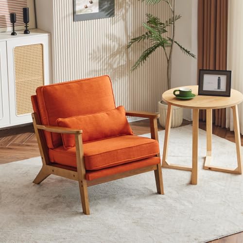 VINGLI Solid Wood Wide Armrests Accent Chair,Upholstered Mid Century Modern Chair with Pillow,Comfy Reading Chair Farmhouse Arm Chair,Chairs Living Room,Bedroom,Guest Room,Linen Fabric,Beige