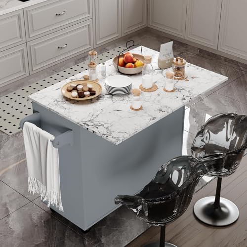 4 EVER WINNER Rolling Island with Storage and Drop Leaf, Marble Tabletop, Kitchen Carts on Wheels with Towel Rack & Spice Rack, Portable Island Table for Kitchen, Black