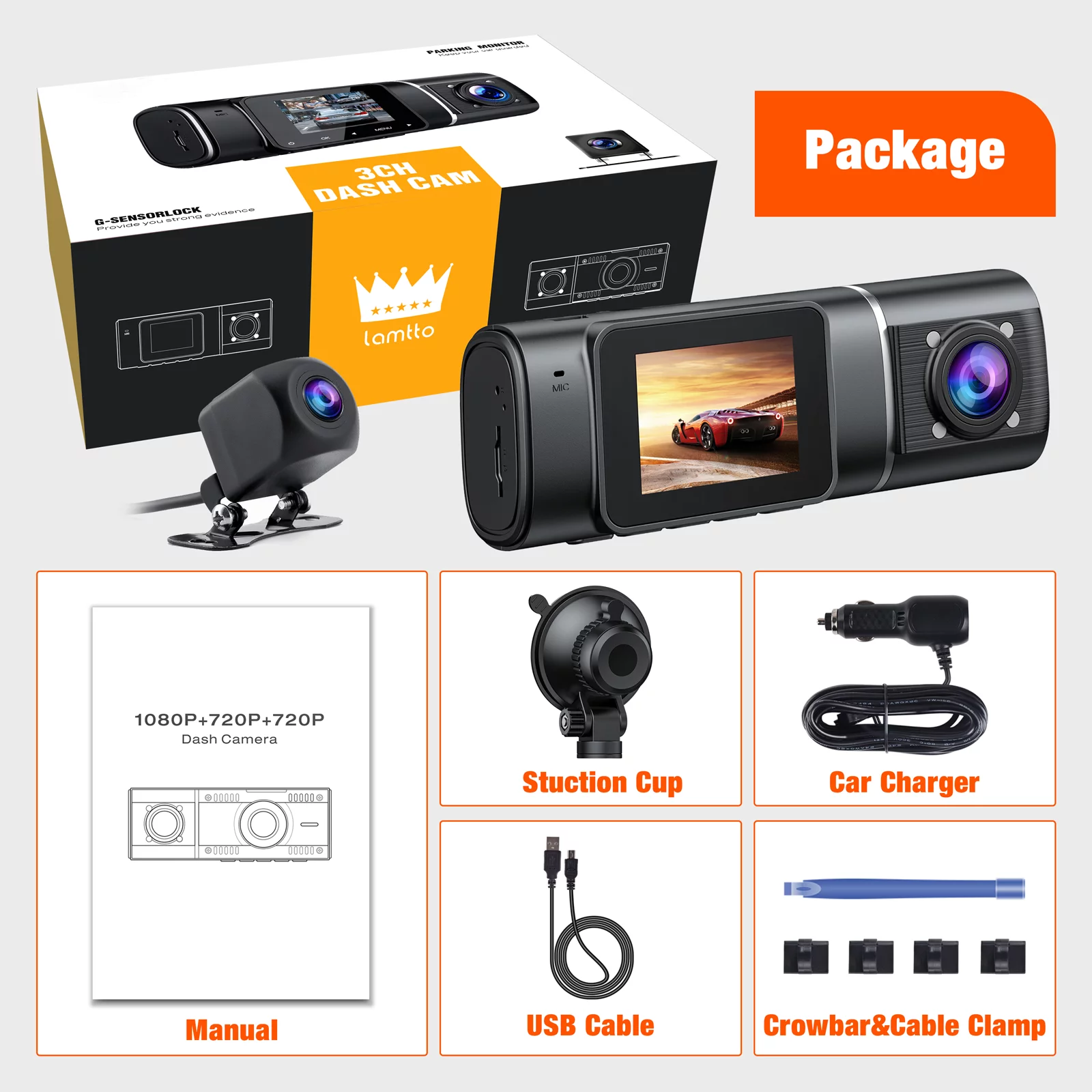 TOGUARD 3 Channel 1080P Dash Cam , 1080P+720P+720P Way Triple Car Camera,IR Night Vision, 24 Hour Parking Mode,with 64GB SD Card