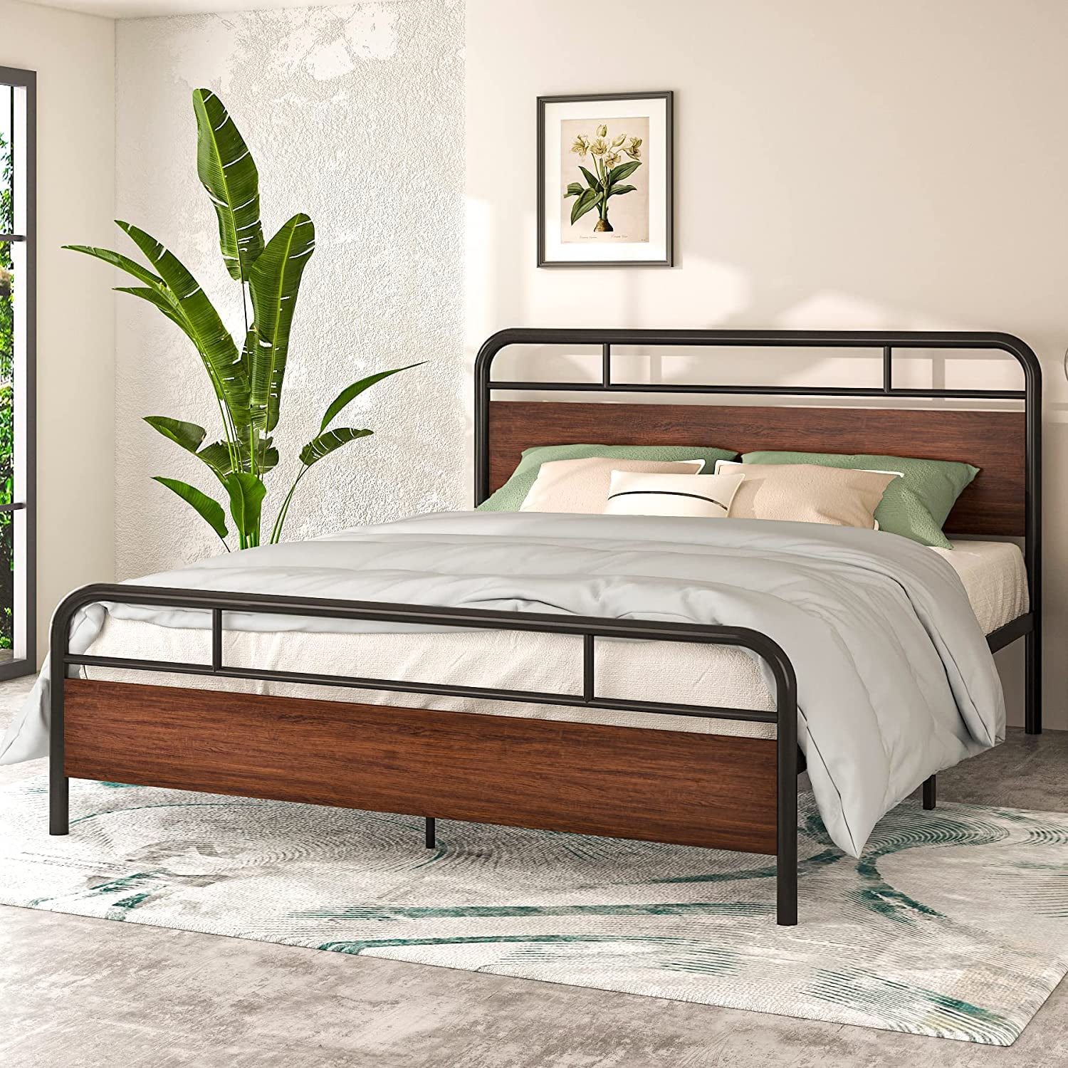 Allewie Walnut Queen Size Metal Platform Bed Frame with Wooden Headboard, Noise free
