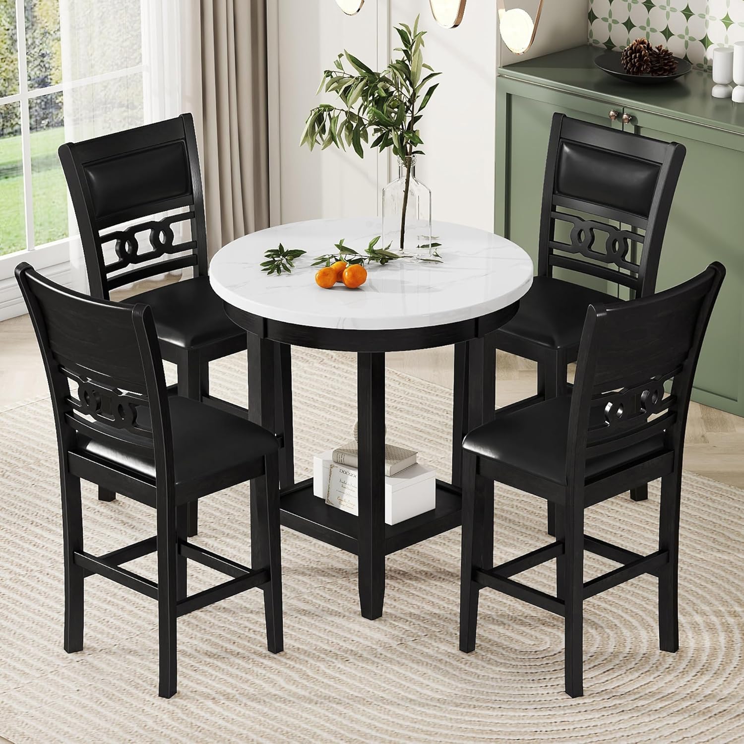 5-piece Counter Height Dining Round Table Set with One Faux Marble Top Dining Table and Four PU-leather Chairs,Dark Espresso