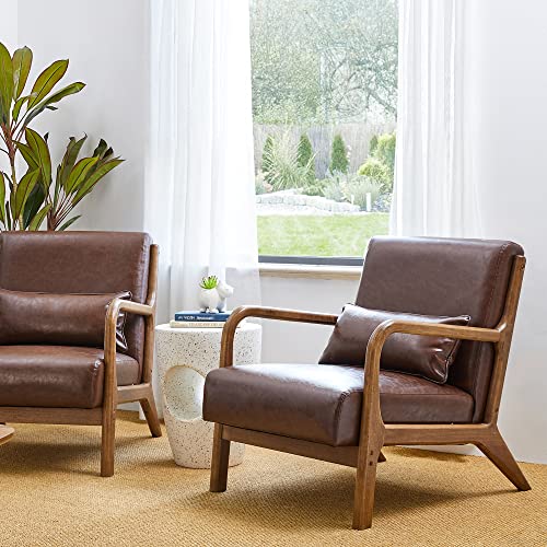 Glitzhome 2 Set Mid Century Black Accent Armchair, Single Reading Armchair PU Leather Lounge Chair with Walnut Ruberwood Frame