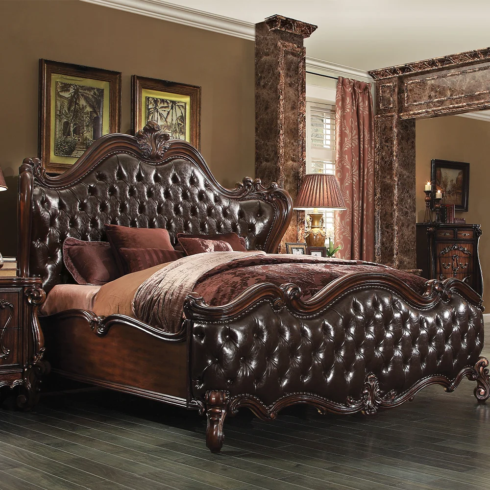 ACME Versailles Queen Bed, 2-Tone Dark Brown PU & Cherry Oak (1Set/3Ctn)-Color:2-Tone Dark Brown PU & Cherry Oak,Quantity:1,Style:Vintage/Traditional