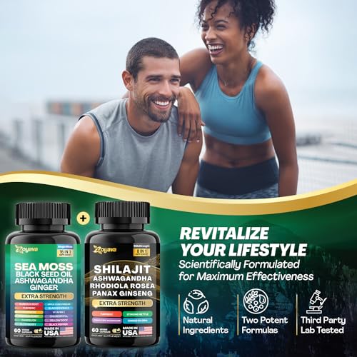 Zoyava Dynamic Vitality Bundle, Sea Moss and Shilajit Bundle, Sea Moss 7000mg, Black Seed Oil 4000mg, Ashwagandha 2000mg, Ginger & Shilajit 9000mg, Rhodiola Rosea 1000mg, Panax Ginseng (2 Pack)