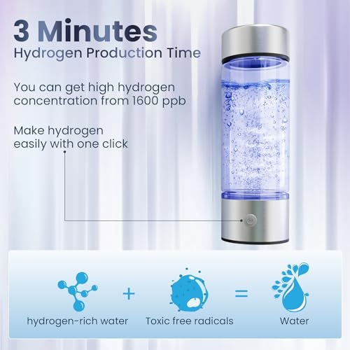 Hydrogen Water Bottle, Portable Rechargeable Hydrogen Water Bottle Generator for Home Travel Office Exercise, Purify Hydrogen Water Machine Improve Water Quality in 3 Minutes (Sliver)