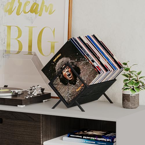 YINMIT Vinyl Record Holder - 80-100 LP Vinyl Record Storage Rack, Quick Assembly Display, Retro Style Organizer for Magazine, Book, Files, Albums (Black, 1 Tier)