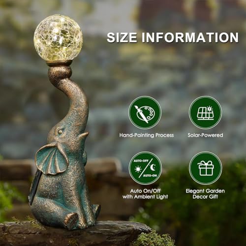 Elephant Statue Light for Garden Decor, Outdoor Sculpture Figurine Statue with Solar Cracked Glass Ball Light for Patio Lawn Decor, Yard Lawn Elephant Decor Statue Lamp (Bronze)