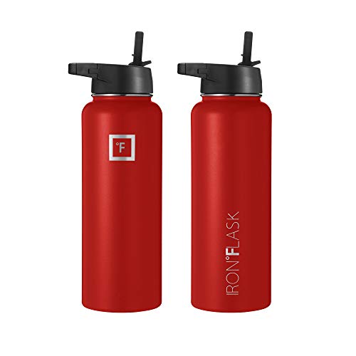 IRON °FLASK Camping & Hiking Hydration Flask with 3 Lids - Stainless Steel, Double Walled & Vacuum Insulated Water Bottle - Leak Proof & BPA Free (Midnight Black, Straw - 40 oz)