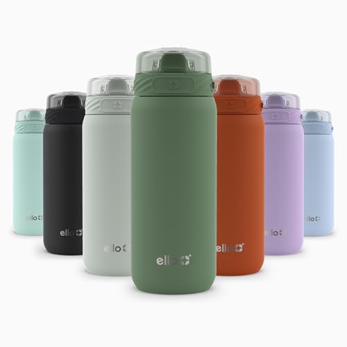 Ello Cooper 32oz Stainless Steel Water Bottle with Straw and Carry Handle, Double Walled and Vacuum Insulated Metal, Leak Proof Locking Lid with Soft Silicone Spout, Reusable, BPA Free, Yucca