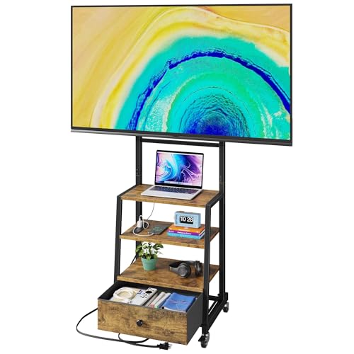 Rolling TV Stand with Wheels and Mount & Fabric Drawer - Entertainment Center with Power Outlet and Small TV Stand for Bedroom, Living Room - 15