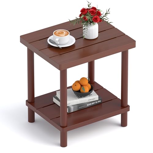 Outdoor Side Table, 2-Tier Small Outdoor Table for Patio, Adirondack Side Tables for Outside or Indoor, Bamboo End Table for Pool, Porch, Weather Resistant Easy Maintenance,Brown