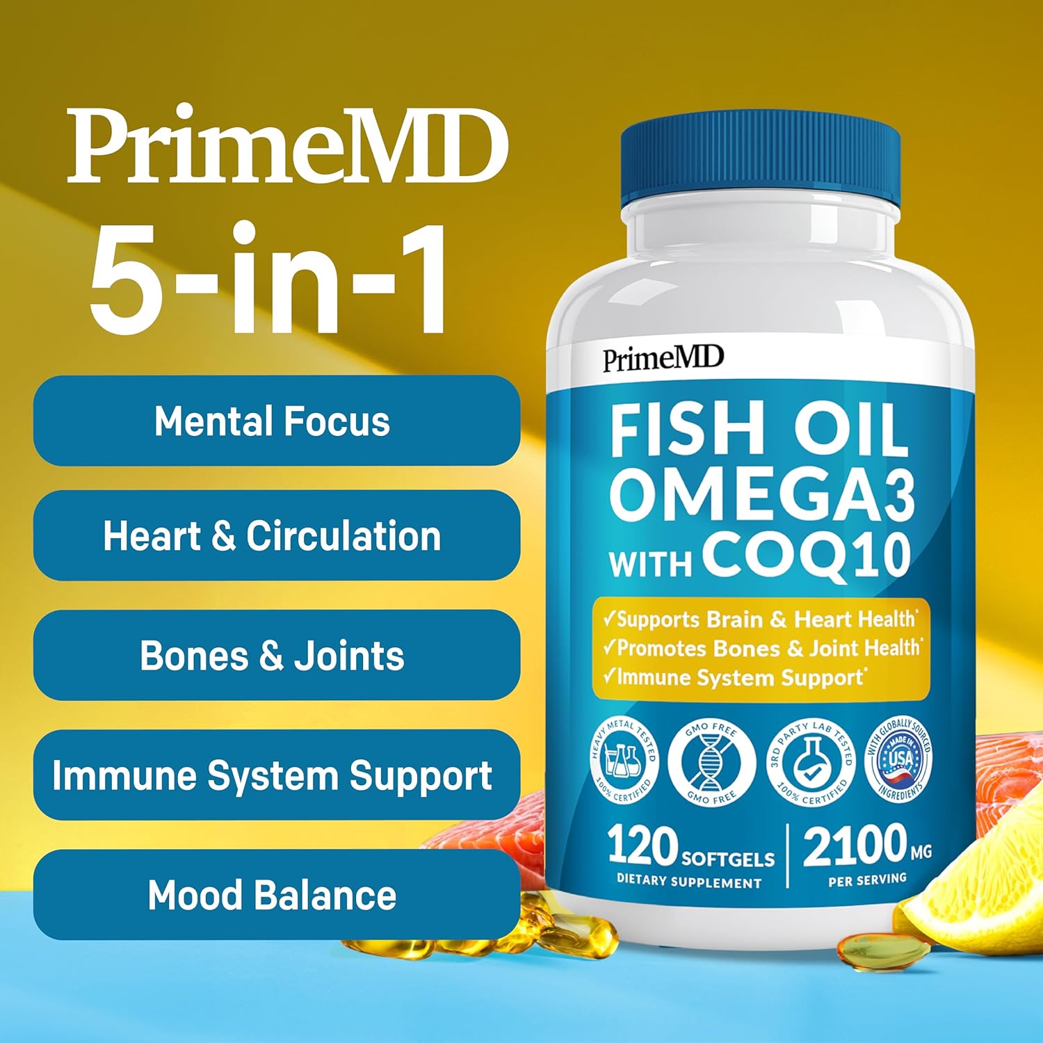 5-in-1 Fish Oil Omega 3 Supplements with Vitamins D3 & K2 and CoQ10 - DHA EPA Omega 3 Fish Oil Supplements - Lemon Flavored Omega 3 Fatty Acid Supplements with 2100mg Per Serving (120ct)