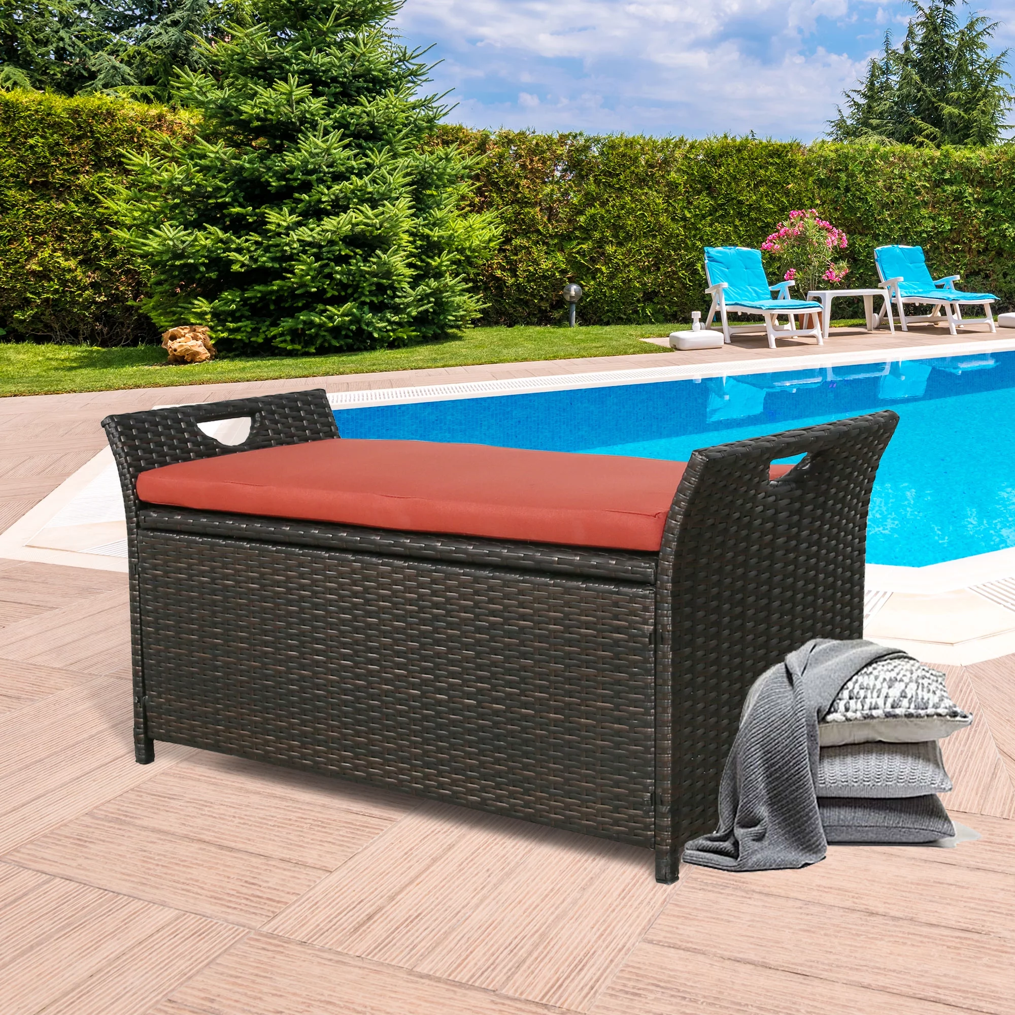 Ulax Furniture 27.6 Gallon Patio Wicker Storage Box, Outdoor Rattan Storage Bench Deck Bin with Cushion and Hydraulic Hinge Lid (Rust Red)