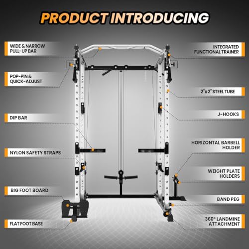 GaveeLife Power Cage, 2000 LBS Power Rack with Cable Cross-Over System, Multi-Functional Strength Training Squat Rack with LAT Pull Down System, Home Gym Equipment with Training Attachment
