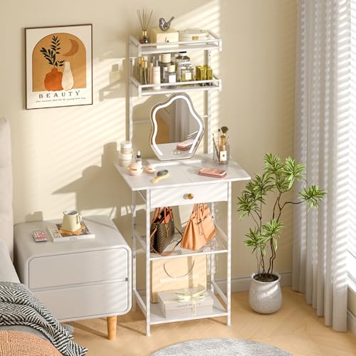 Small Vanity Desk Without Mirror, Makeup Vanity Table for Small Space, Compact White Dressing Table with Fabric Drawers, Makeup Vanity with Storage for Bedroom, White, 23.6in（W）