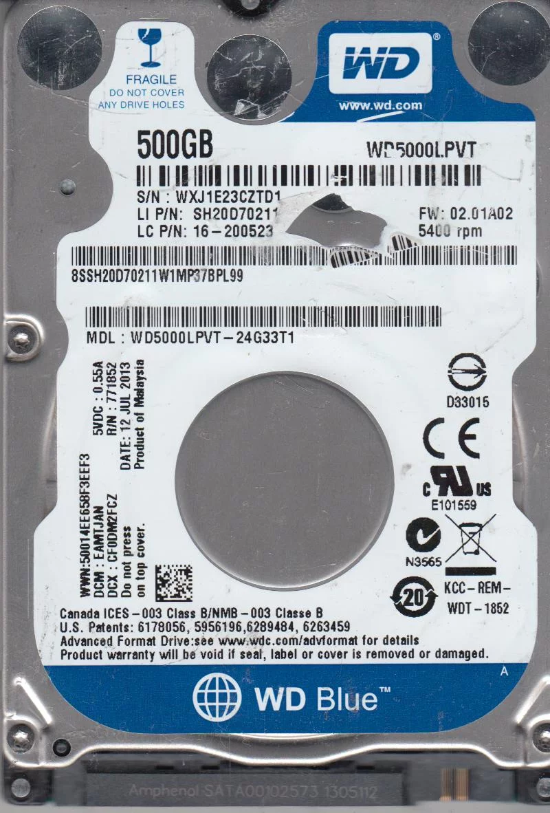WD5000LPVT-24G33T1, DCM EAMTJAN, Western Digital 500GB SATA 2.5 Hard Drive