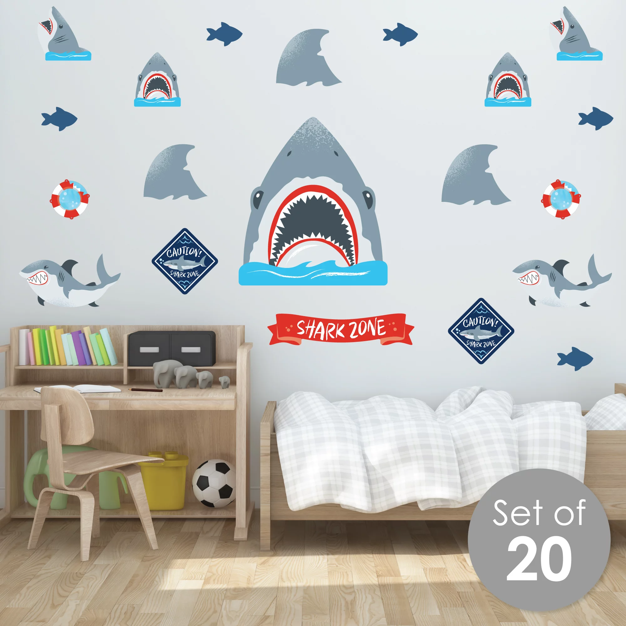 Big Dot of Happiness Shark Zone - Peel and Stick Kids Room Vinyl Wall Art Stickers - Wall Decals - Set of 20