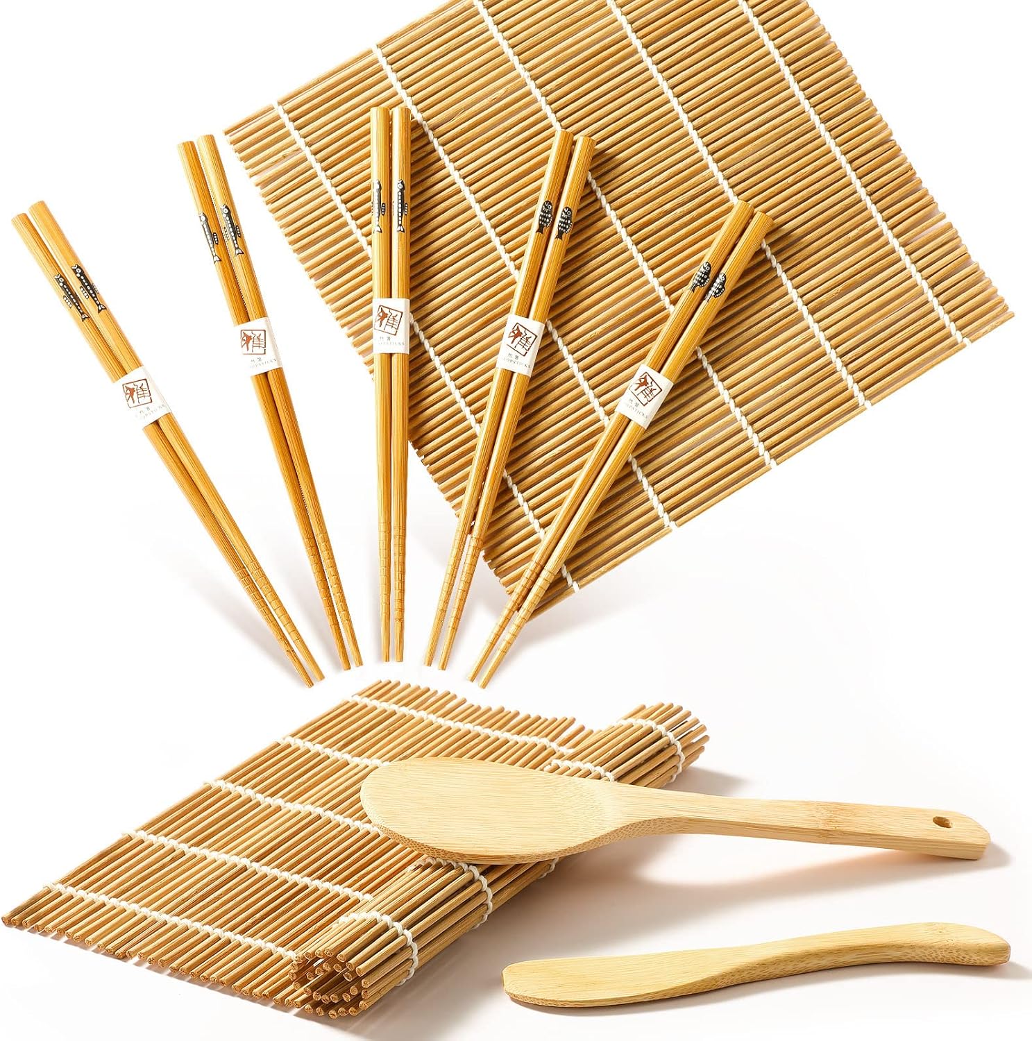 Delamu Sushi Making Kit, Bamboo Sushi Mat, Including 2 Sushi Rolling Mats, 5 Pairs of Chopsticks, 1 Paddle, 1 Spreader, 1 Beginner Guide PDF, Beginner Sushi Kit, Sushi Plates