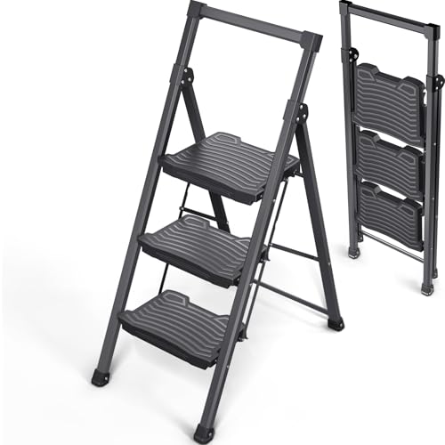 KINGRACK 4 Step Ladder with Tool Platform, Sturdy Step Stool, Anti-Slip Wide Pedals, Handrail, Foldable Step Ladder, Pass 900LBS Testing, Multi-Use for Home, Garage, Garden, Painting, Black