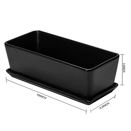 SQOWL 10 Inch Rectangular White Ceramic Succulent Planter Pot Modern Flower Cactus Herb Big Planter with Removable Saucer Indoor or Outdoor