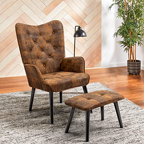 ECOTOUGE Accent Chair with Ottoman(Anti-Skid Feet Caps), Button Wingback Leisure Single Sofa, Arms Upholstered Tall Back Desk Chair for Bedroom, Reading(Brown)