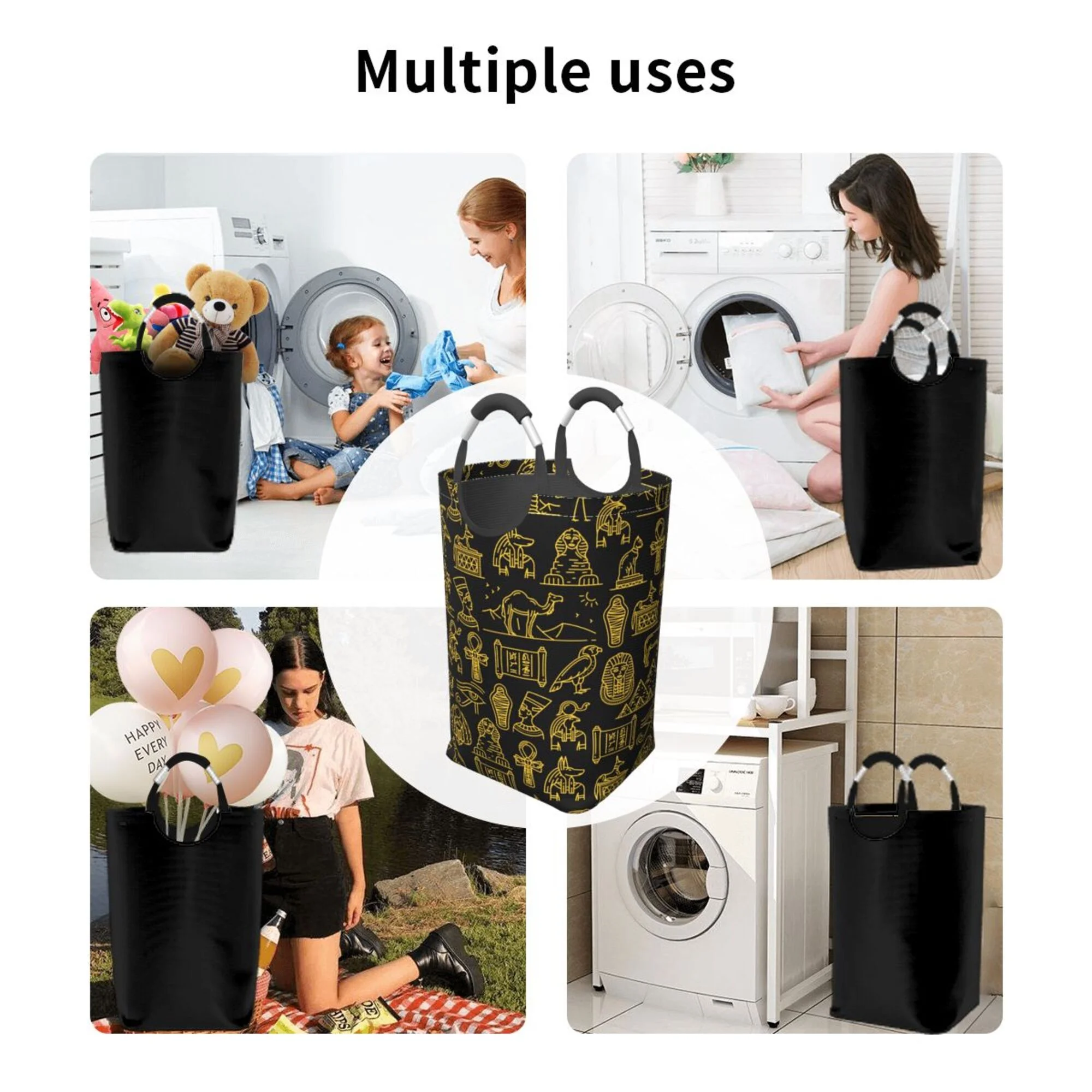 TEQUAN 50L Large Rectangular Laundry Hamper with Aluminum Handles, Ancient Gods of Egypt Prints Waterproof Foldable Dirty Clothes Basket