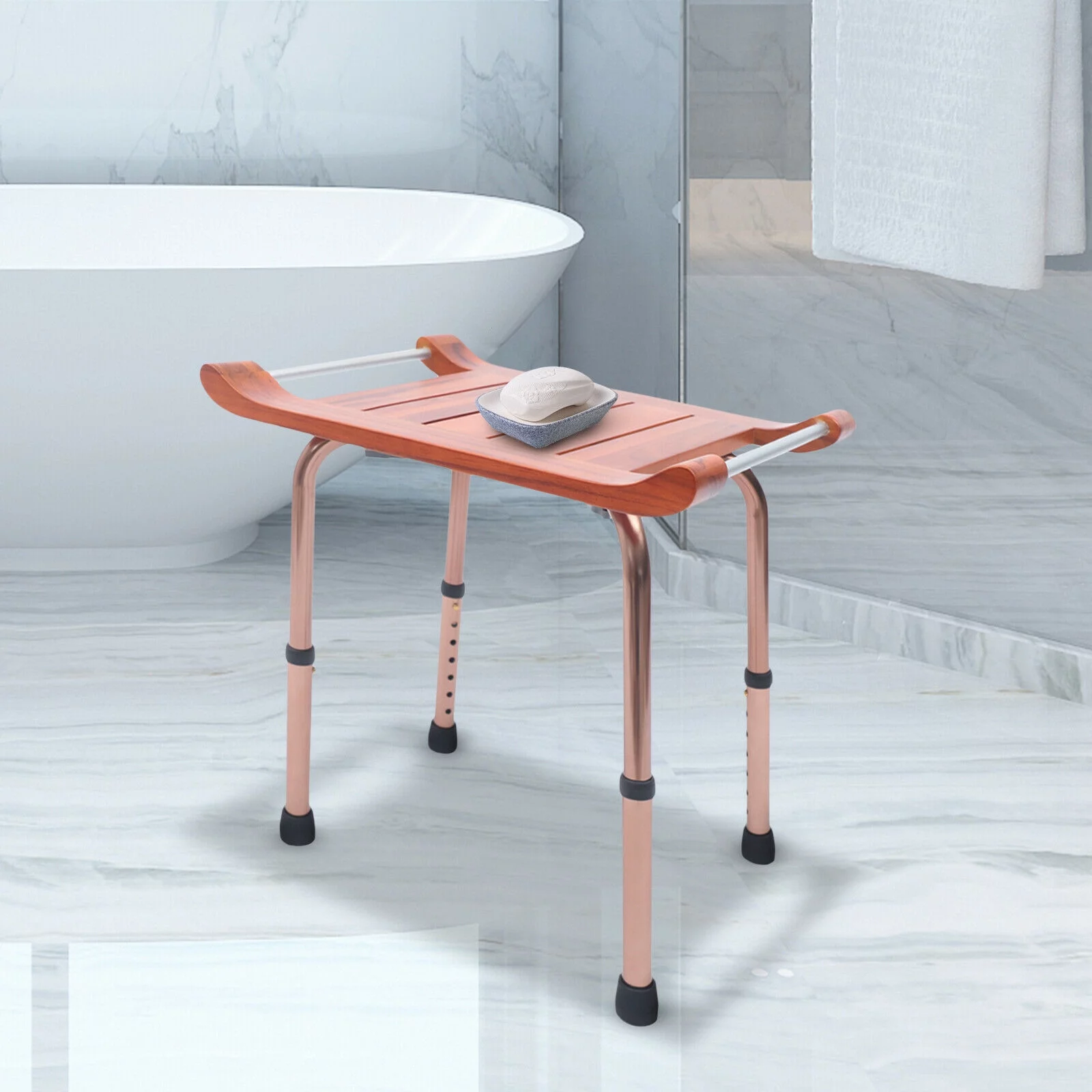 TFCFL Teak Shower Stool Bathroom Bench Furniture SPA Seat Height Adjustable Non-Slip