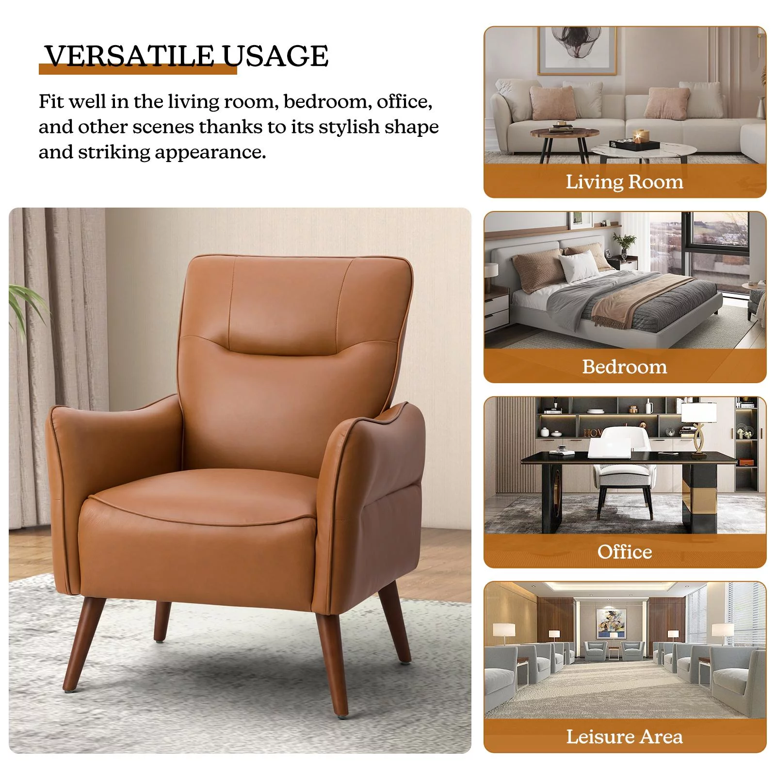 Faux Leather Upholstered Accent Chair Set of 2 Tufted Armchair Lounge Sofa Wood Legs Living Room Office Camel